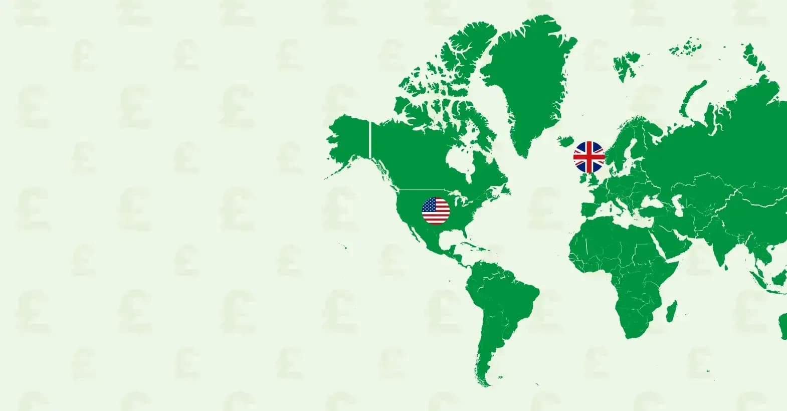 World map highlighting the UK and USA with their flags. Green continents on a light background with faint pound symbols.
